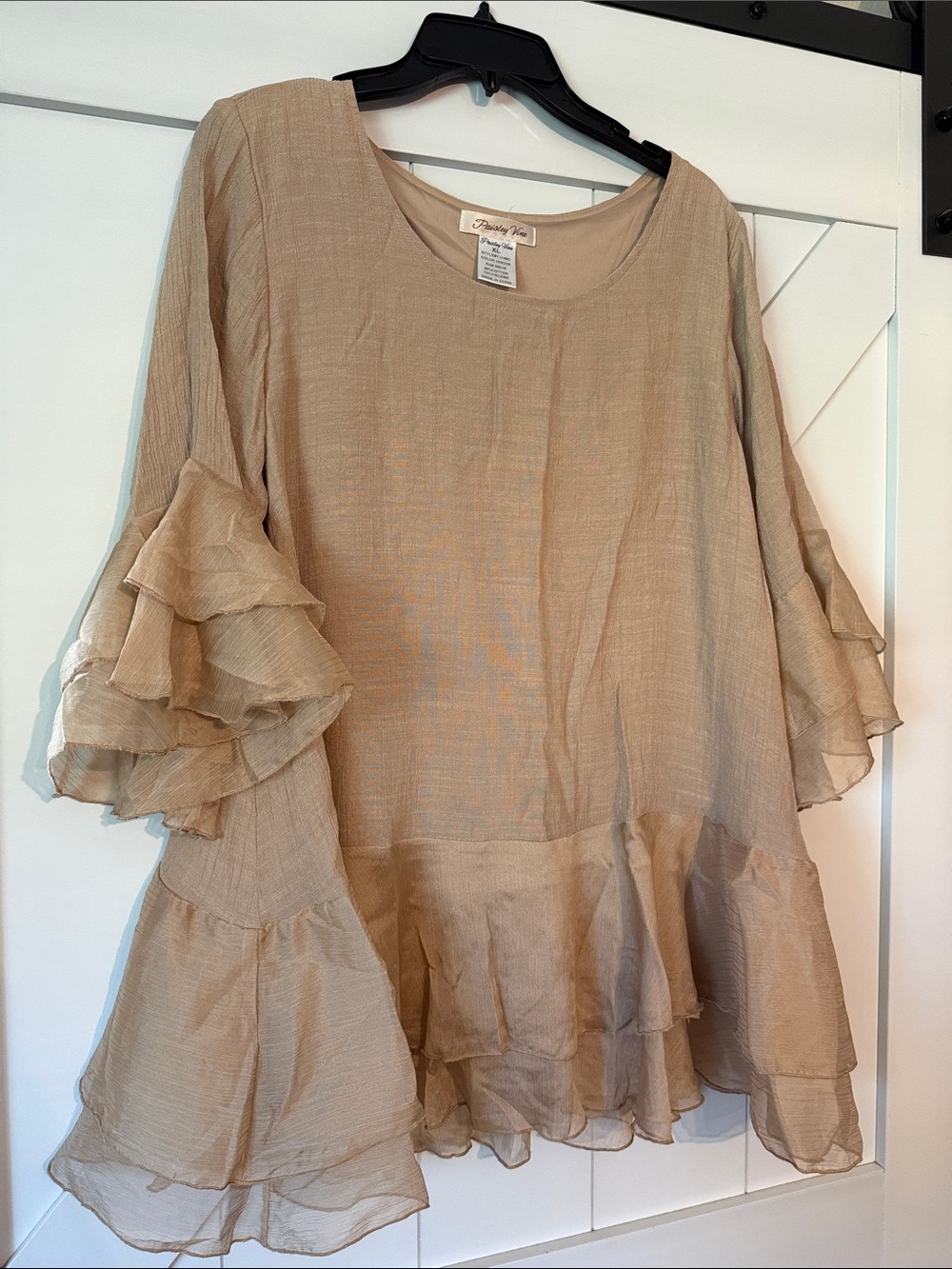 Paisley Vine Mocha Ruffle-Sleeve 90%cotton Tunic Top